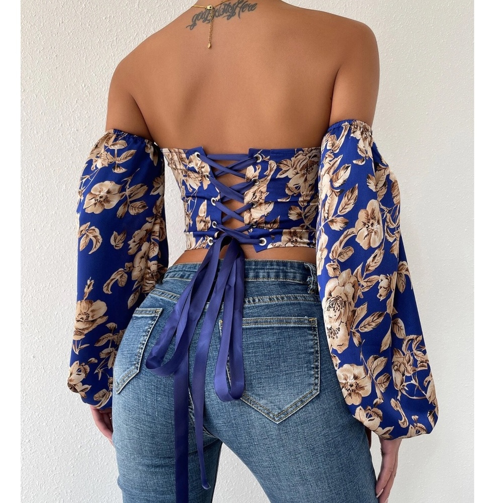 Boho Floral Print Lace up Off Shoulder Corset Top - Picture 8 of 15